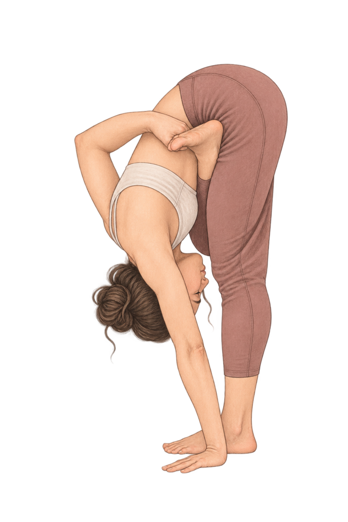 Ardha Baddha Padmottanasana, demi-lotus en flexion debout