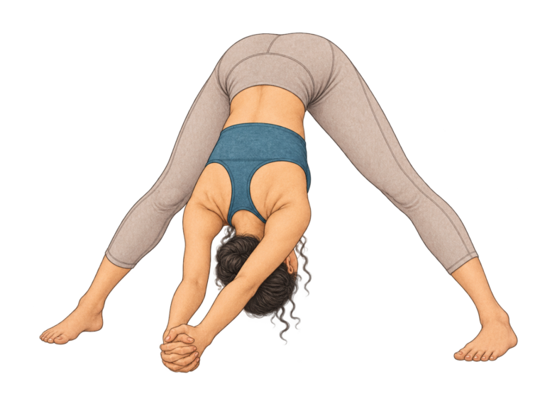 Prasarita Padottanasana C, flexion jambes écartées mains liées