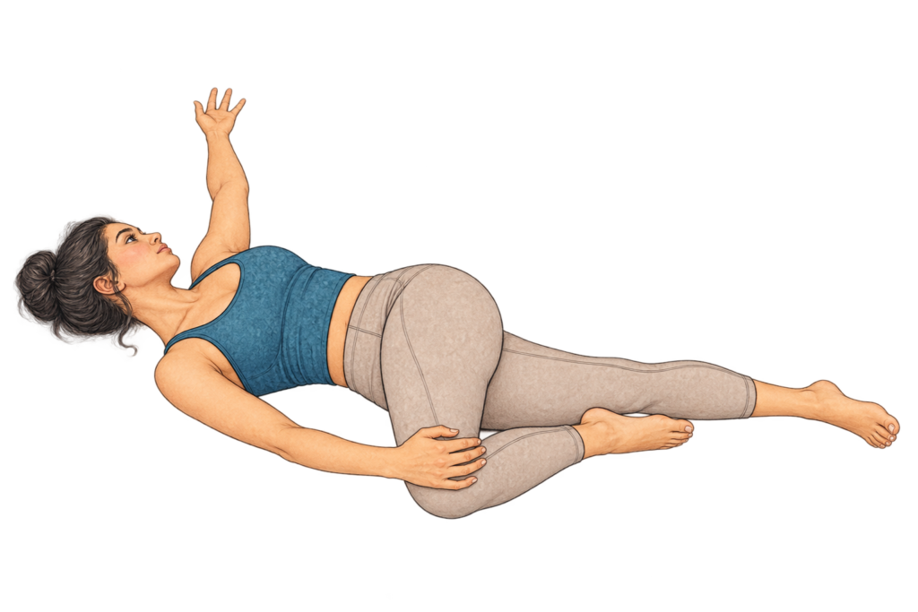 Supta Matsyendrasana, torsion allongée en yoga
