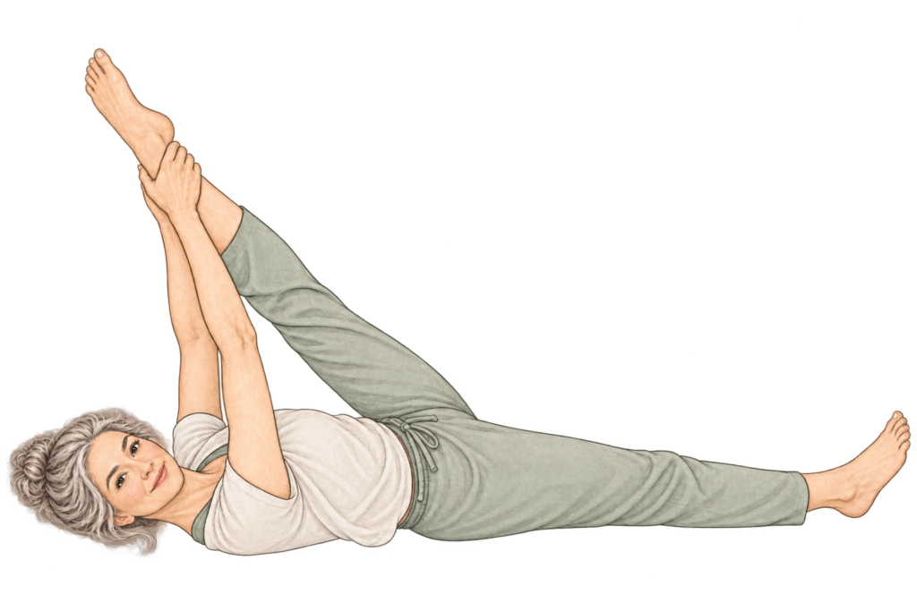 Supta Trivikramasana, grand écart allongé