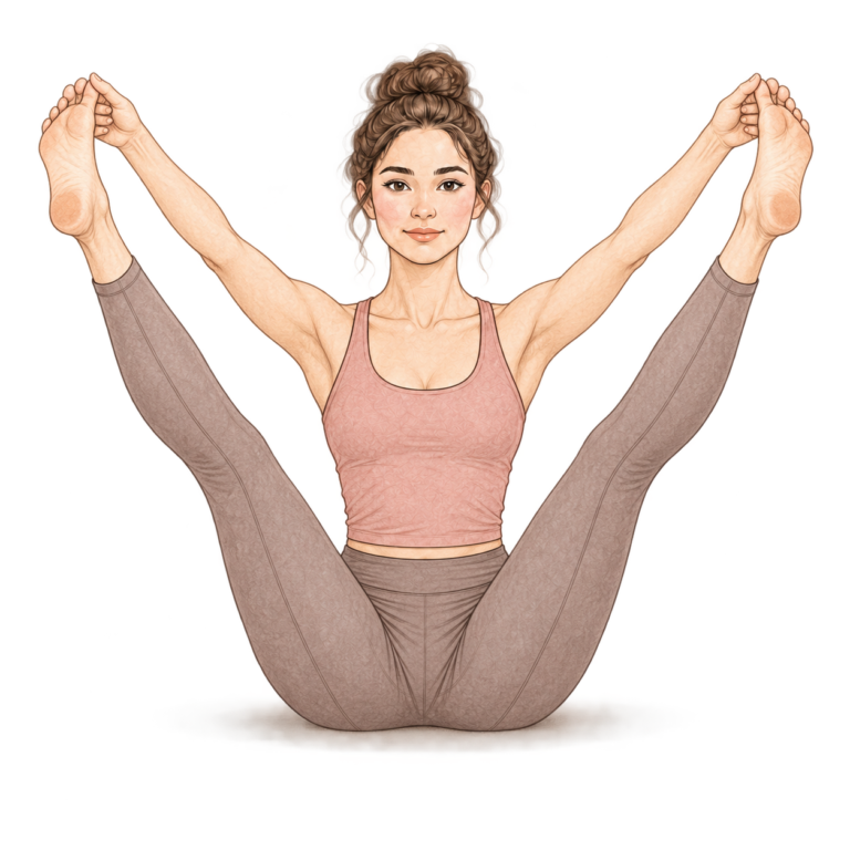 Ubhaya Padangusthasana, équilibre assis avec prise des orteils
